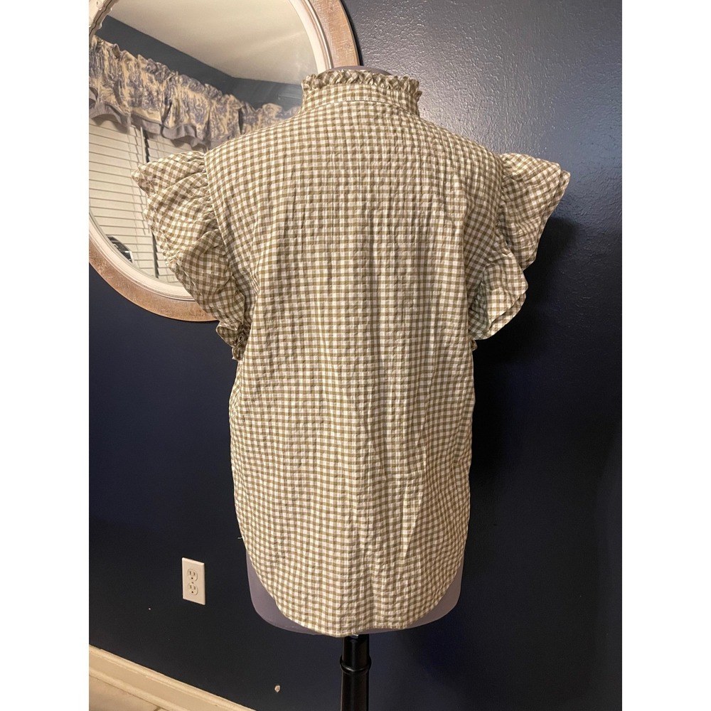 Veronica Beard Jeans Gingham Ruffle Mock Neck Flutter Sleeve Button Up Shirt  L - Picture 2 of 4